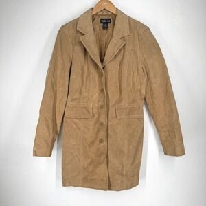 Vintage Womens Tan Suede Leather Longline Jacket Trench Coat Boho Indie Medium